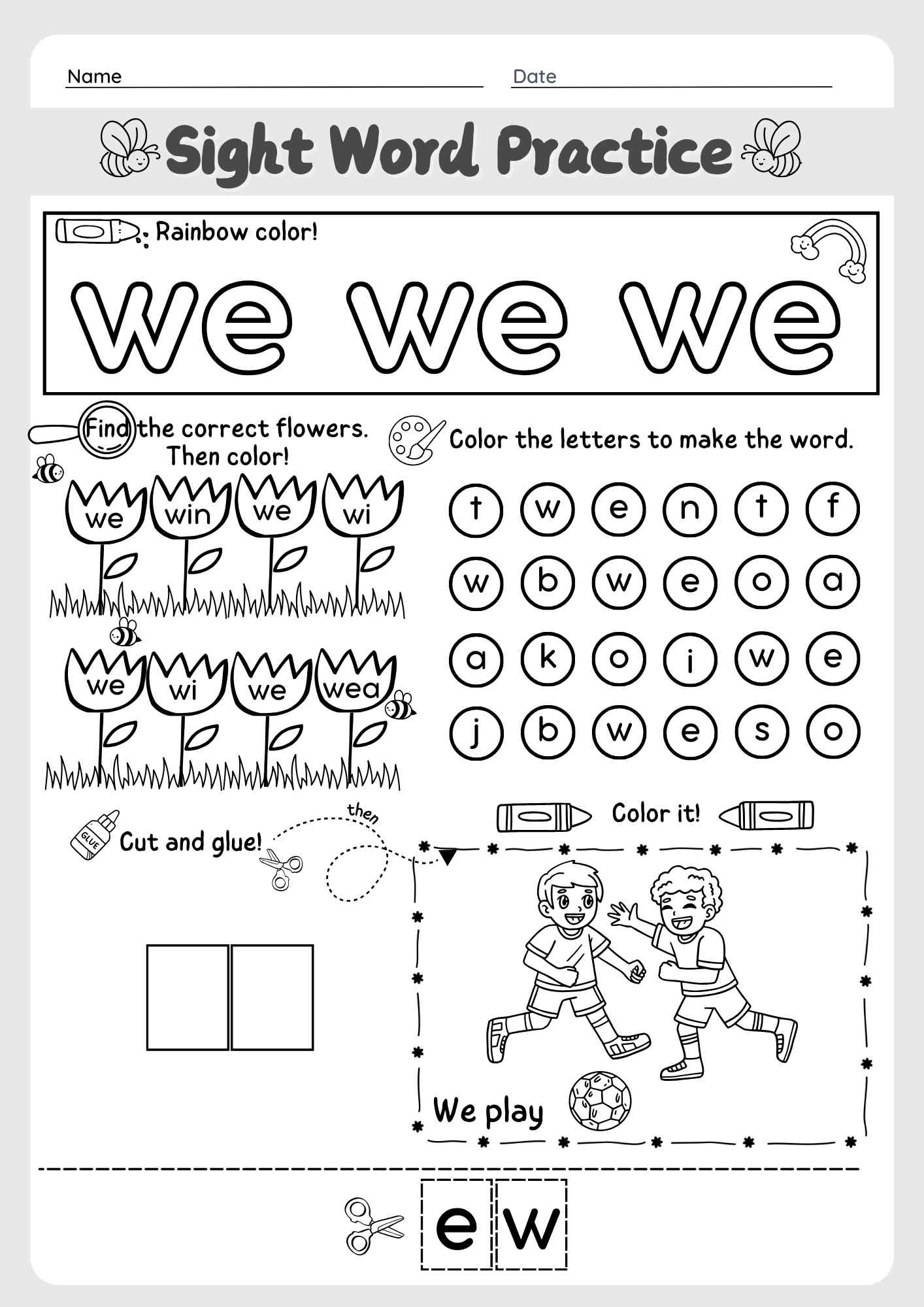 Dolch Sight Word "We" Cut and Paste, Find and Color, and Find the Words Worksheet for Pre